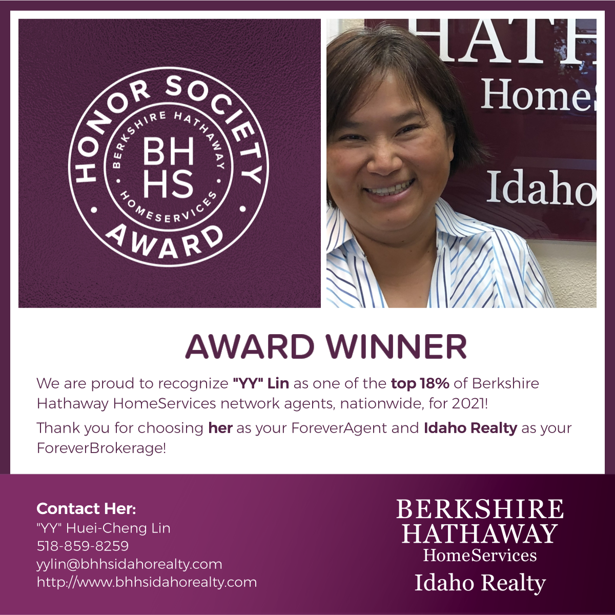 BHHS Threshold Award Winner - Honor Society Award - "YY" Lin