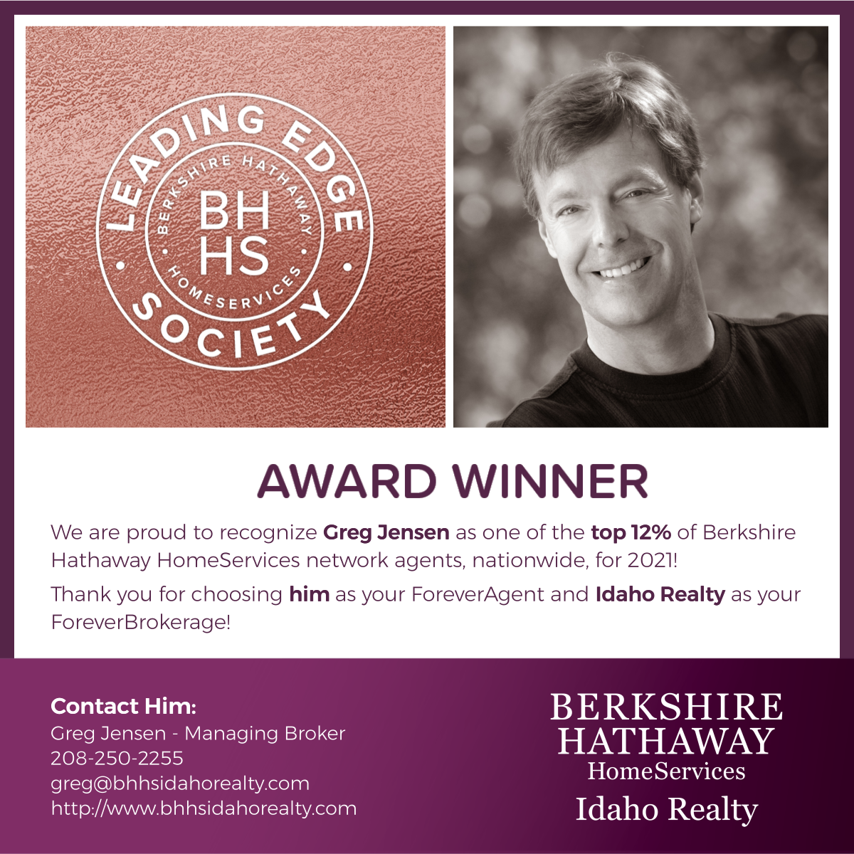 BHHS Threshold Award Winner - Leading Edge Society Award - Greg Jensen