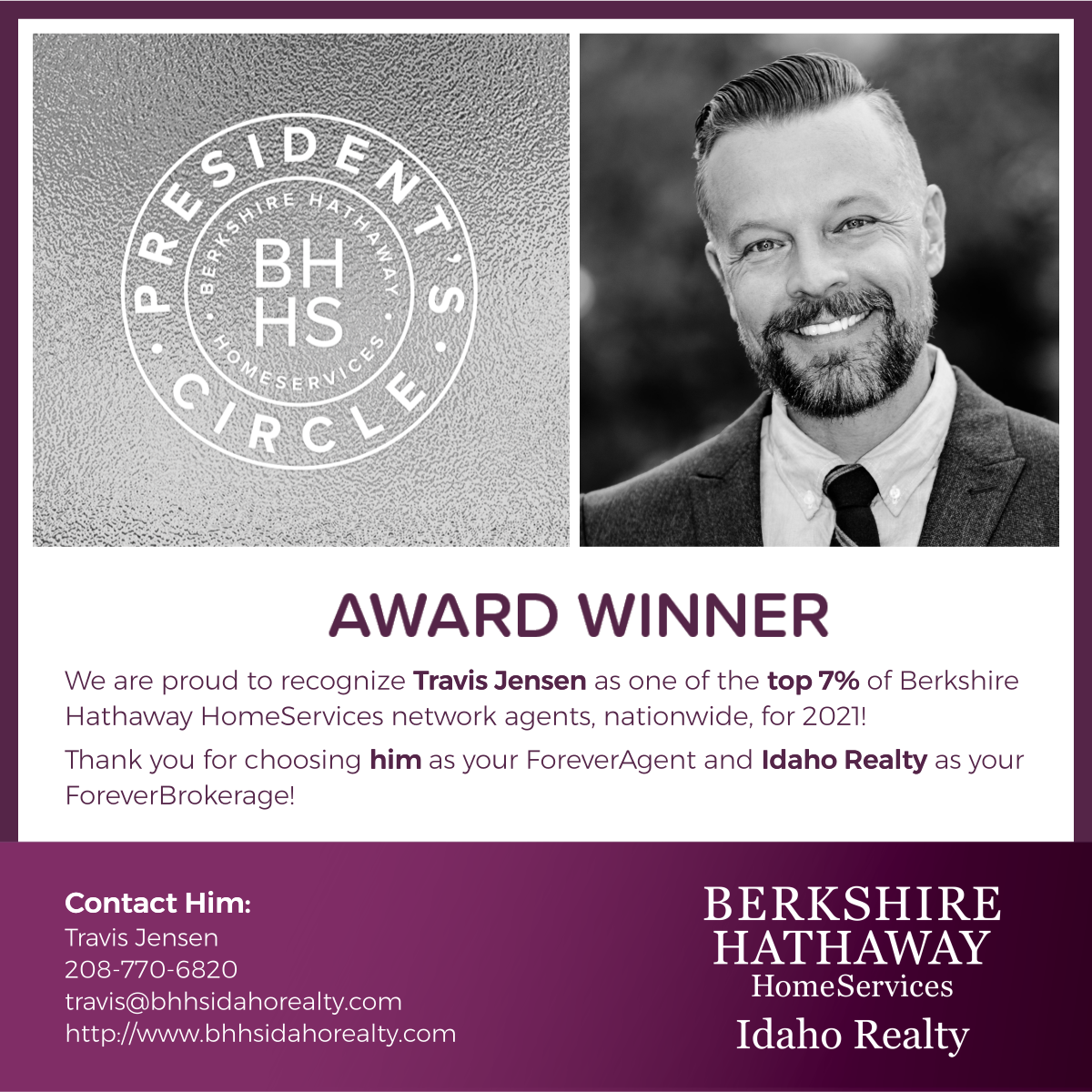BHHS Threshold Award Winner - President's Circle Award - Travis Jensen